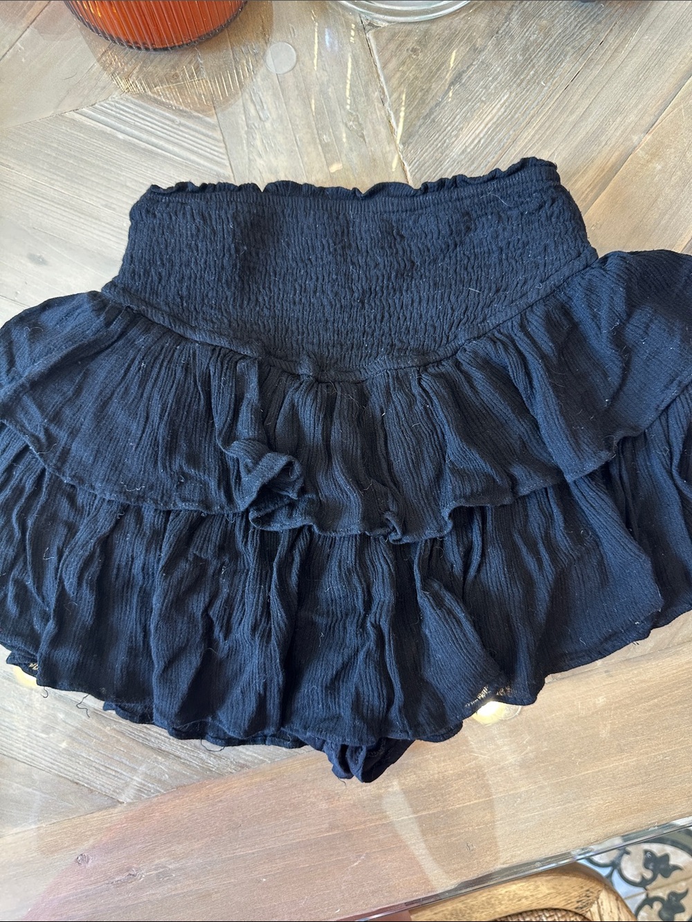 Tiered Black Smocked-Waist Circle Skirt